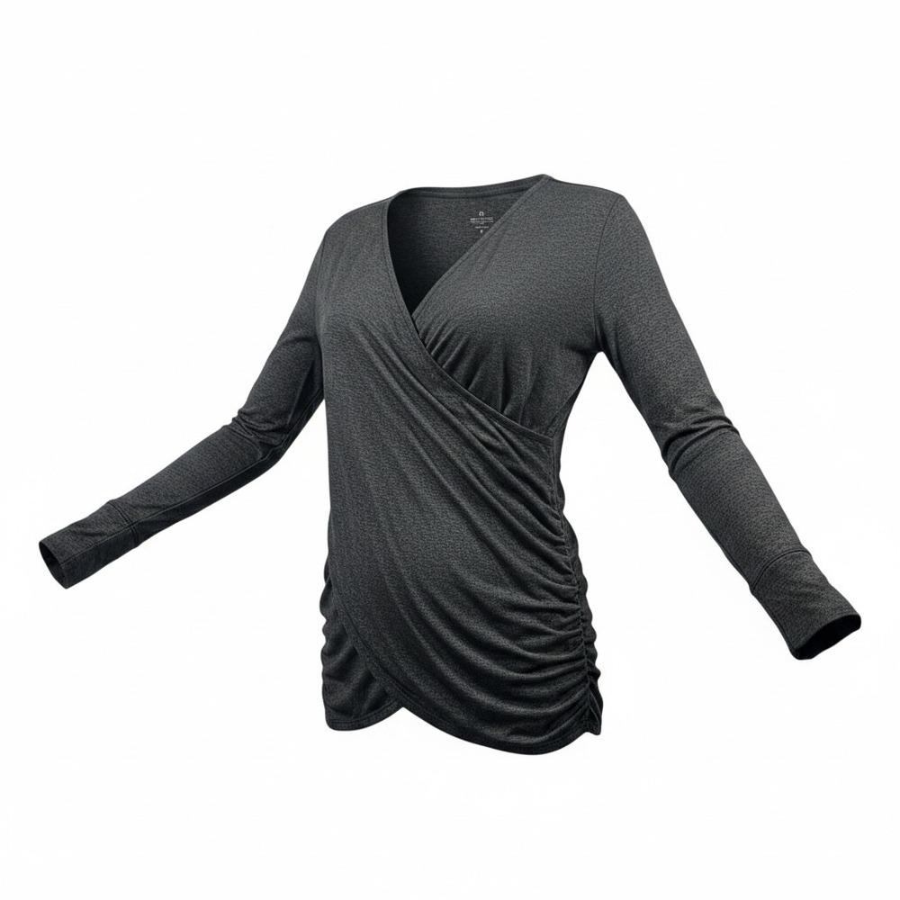 Athleta Essence Wrap Top Womens Medium Charcoal Grey Ruched Long Sleeve 930294